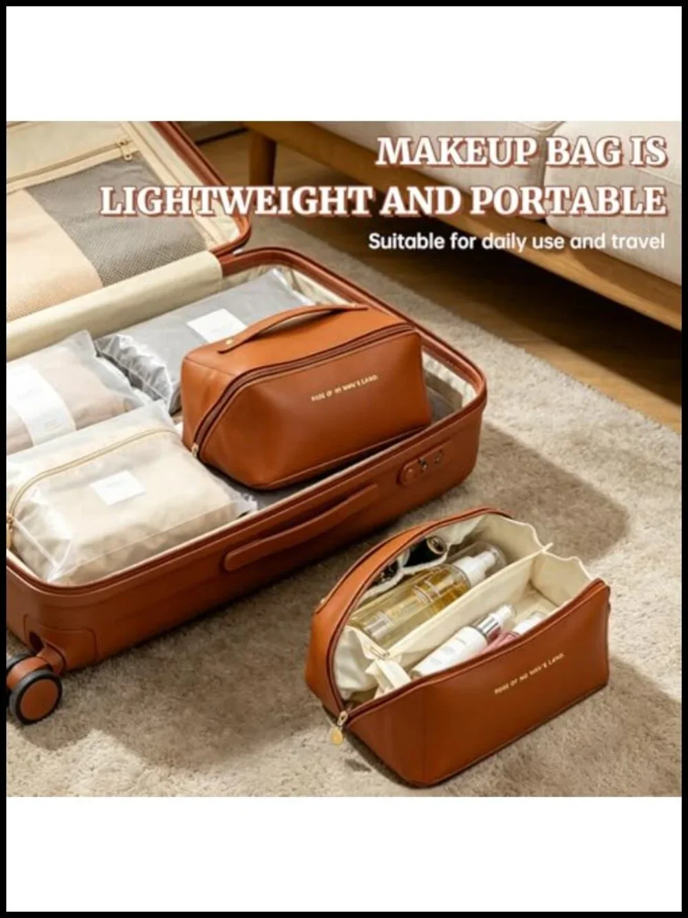 Large Travel Makeup Bag Waterproof PU Leather Lay Flat Organizer with